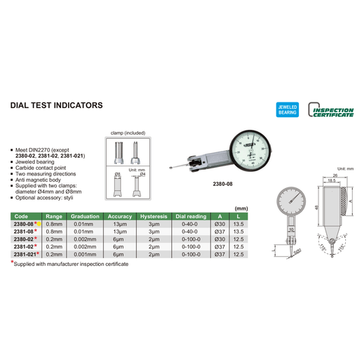 INSIZE Measuring Equipment Insize Metric Dial Indicator 0.8 mm Range Series 2380-08