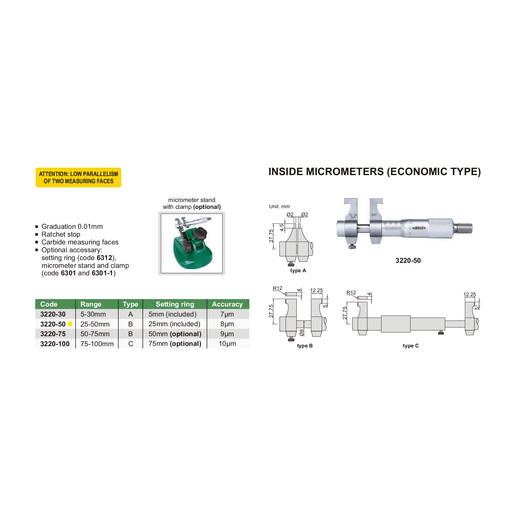 INSIZE Measuring Equipment Insize Metric Inside Micrometer 25-50mm Range Series 3220-50