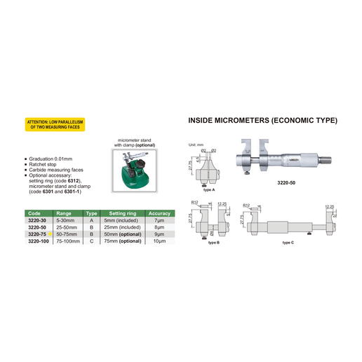 INSIZE Measuring Equipment Insize Metric Inside Micrometer 50-75mm Range Series 3220-75