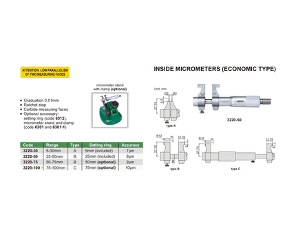 INSIZE Measuring Equipment Insize Metric Inside Micrometer 75-100mm Range Series 3220-100