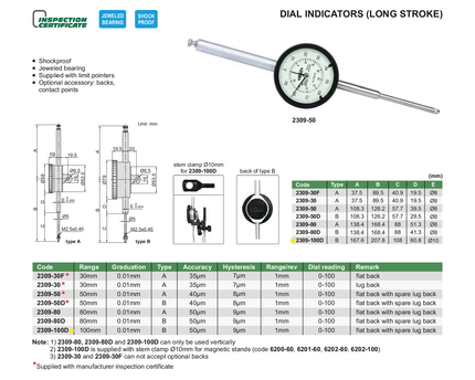 INSIZE Measuring Equipment Insize Metric Long Stroke Dial Indicator 100mm Range Series 2309-100D