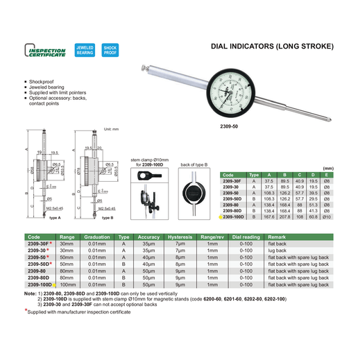 INSIZE Measuring Equipment Insize Metric Long Stroke Dial Indicator 100mm Range Series 2309-100D