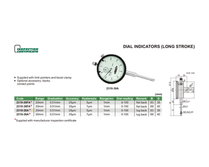 INSIZE Measuring Equipment Insize Metric Long Stroke Dial Indicator 20mm Range Series 2310-20A