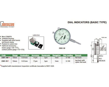 INSIZE Measuring Equipment Insize Metric Lug Back Dial Indicator 10mm Range Series 2301-10