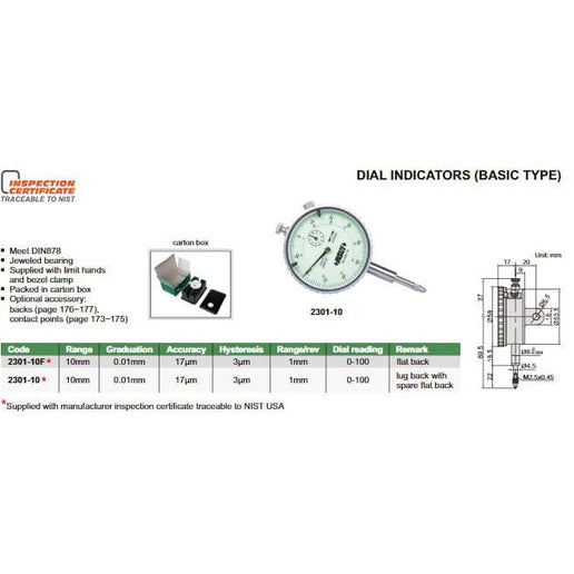 INSIZE Measuring Equipment Insize Metric Lug Back Dial Indicator 10mm Range Series 2301-10