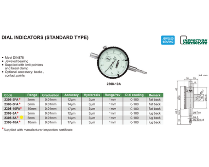 INSIZE Measuring Equipment Insize Metric Lug Back Dial Indicator 5mm Range Series 2308-5A