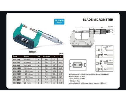INSIZE Measuring Equipment Insize Metric Outside Blade Micrometer 25-50mm Range Series 3232-50A