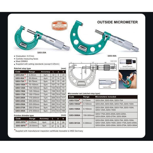 INSIZE Measuring Equipment Insize Metric Outside Micrometer 0-25mm Range Series 3203-25FA