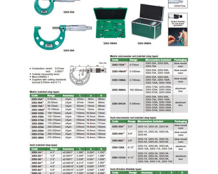INSIZE Measuring Equipment Insize Metric Outside Micrometer 3 Piece Set 0-75mm Range Series 3203-753A