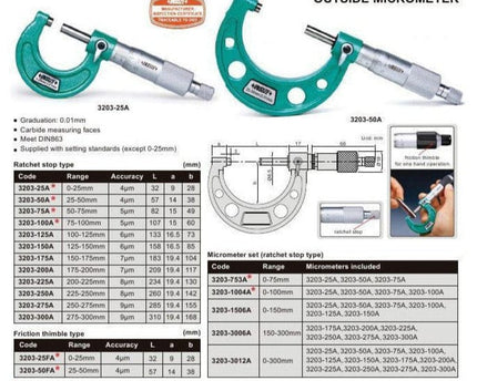 INSIZE Measuring Equipment Insize Metric Outside Micrometer 50-75mm Range Series 3203-75A
