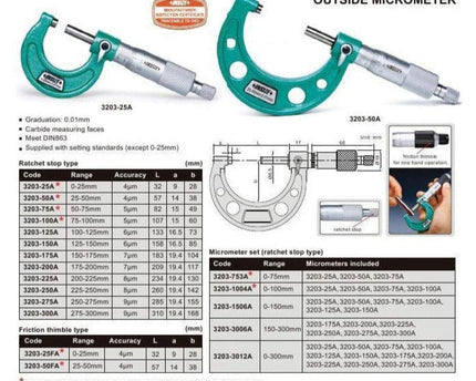 INSIZE Measuring Equipment Insize Metric Outside Micrometer Set 0-100mm Range Series 3203-1004A