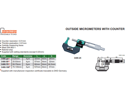 INSIZE Measuring Equipment Insize Metric Outside Micrometer W/ Analog Counter 25-50mm Range Series 3400-50
