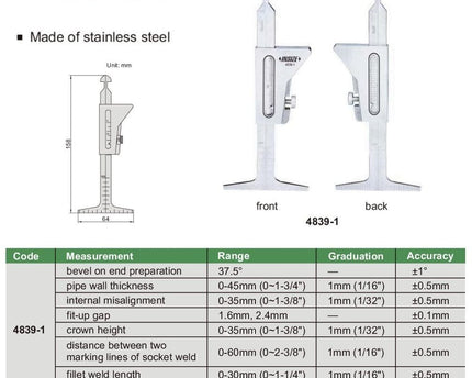 INSIZE Measuring Equipment Insize Metric Pipe Welding Gauge Series 4839-1