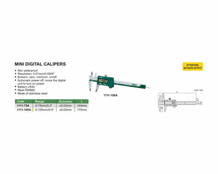 INSIZE Measuring Equipment Insize Mini Digital Caliper 0-100mm/0-4" Range Series 1111-100A
