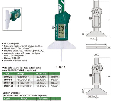INSIZE Measuring Equipment Insize Mini Digital Depth Gauge W/ Round Bar 140mm Range Series 1140-50