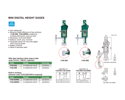 INSIZE Measuring Equipment Insize Mini Digital Height Gauge 0-20mm/0-0.8" Range Series 1146-20B