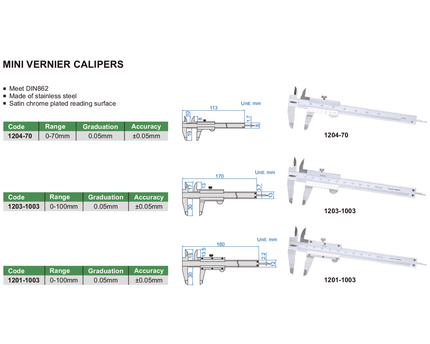 INSIZE Measuring Equipment Insize Mini Vernier Caliper 0-100mm Range Series 1201-1003
