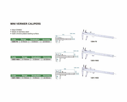 INSIZE Measuring Equipment Insize Mini Vernier Caliper 0-100mm Range Series 1203-1003