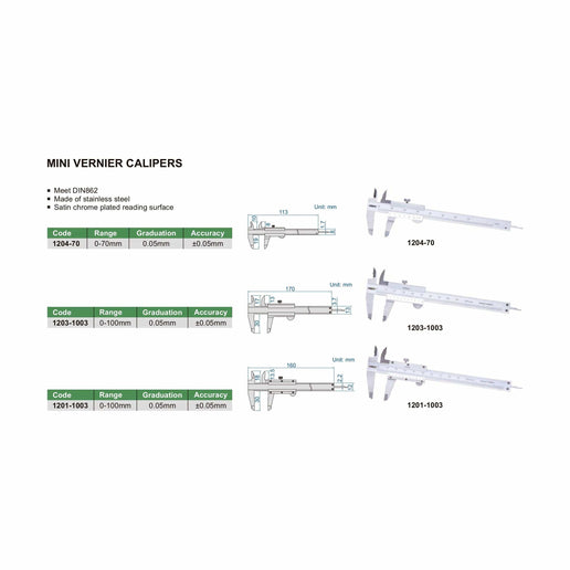 INSIZE Measuring Equipment Insize Mini Vernier Caliper 0-100mm Range Series 1203-1003