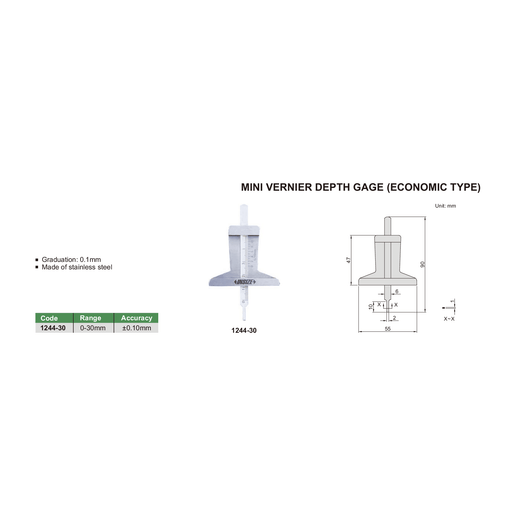 INSIZE MEASURING EQUIPMENT Insize Mini Vernier Depth Gauge 0-30mm Range Series 1244-30