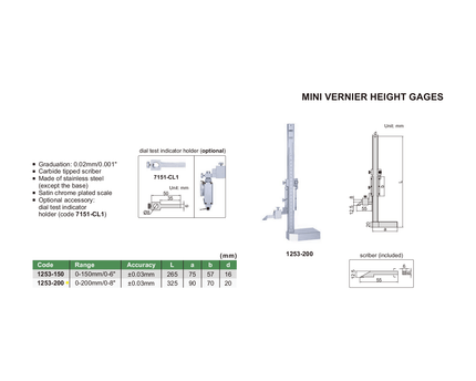 INSIZE Measuring Equipment Insize Mini Vernier Height Gauge 0-200mm / 0-8" Range Series 1253-200