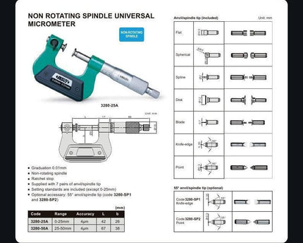 INSIZE Measuring Equipment Insize Non-Rotating Micrometer with Anvil/spindle tips 0-1" Range Series 3280-1