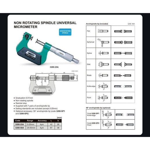 INSIZE Measuring Equipment Insize Non-Rotating Micrometer with Anvil/spindle tips 0-1" Range Series 3280-1