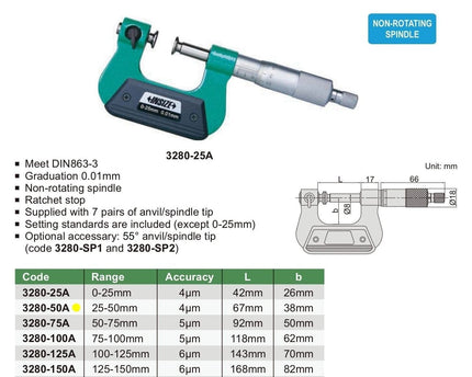 INSIZE Measuring Equipment Insize Non-Rotating Micrometer with Anvil/spindle tips 25-50mm Range Series 3280-50A
