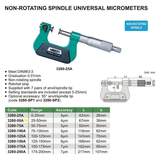 INSIZE Measuring Equipment Insize Non-Rotating Micrometer with Anvil/spindle tips 25-50mm Range Series 3280-50A