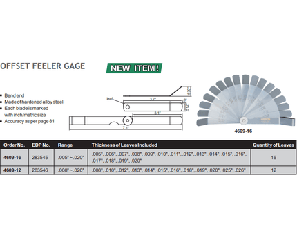 INSIZE Measuring Equipment Insize Offset Feeler Gauge 0.005-0.02" Range Series 4609-16