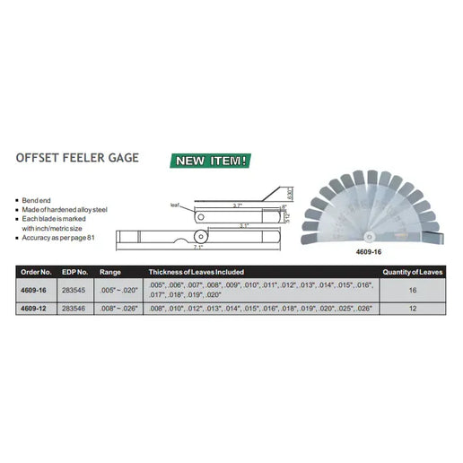 INSIZE MEASURING EQUIPMENT Insize Offset Feeler Gauge 0.005-0.02" Range Series 4609-16