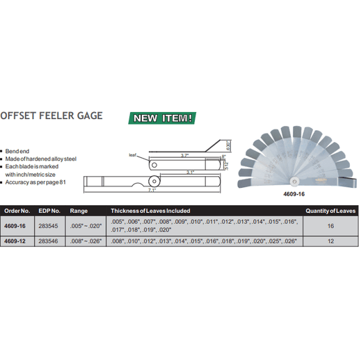 INSIZE Measuring Equipment Insize Offset Feeler Gauge 0.008-0.026" Range Series 4609-12