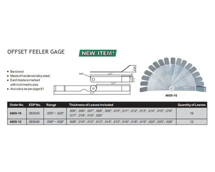 INSIZE MEASURING EQUIPMENT Insize Offset Feeler Gauge 0.008-0.026" Range Series 4609-12