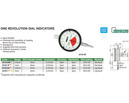 INSIZE Measuring Equipment Insize One Revolution Dial Indicator 1mm Range Series 2316-1