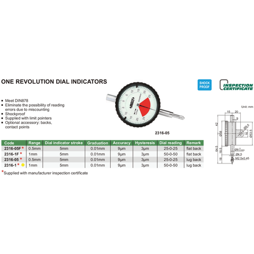 INSIZE Measuring Equipment Insize One Revolution Dial Indicator 1mm Range Series 2316-1