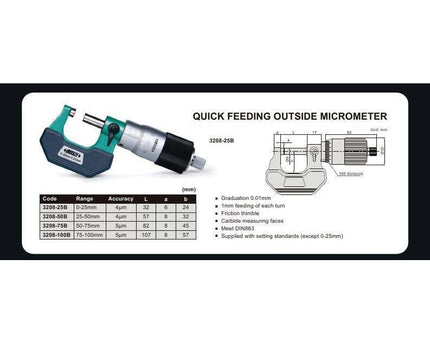 INSIZE Measuring Equipment Insize Outside Micrometer Quick Feeding  0-25mm Range Series 3208-25B