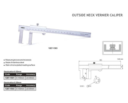 INSIZE MEASURING EQUIPMENT Insize Outside Neck Vernier Caliper 0-150mm Series 1287-1503