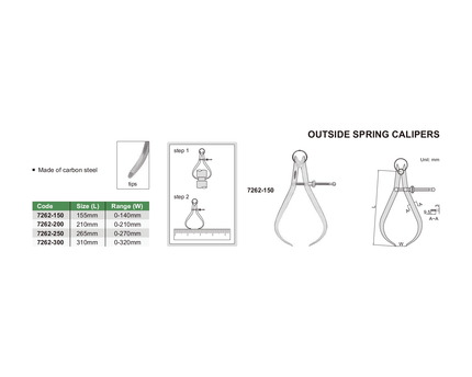 INSIZE Measuring Equipment Insize Outside Spring Caliper 0-210mm Range Series 7262-200