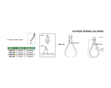 INSIZE Measuring Equipment Insize Outside Spring Caliper 0-270mm Range Series 7262-250