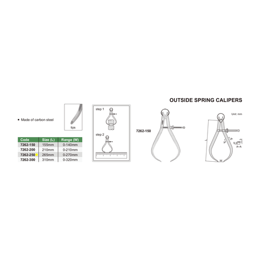 INSIZE Measuring Equipment Insize Outside Spring Caliper 0-270mm Range Series 7262-250