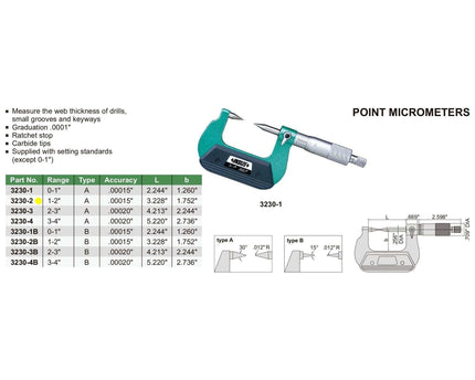 INSIZE Measuring Equipment Insize Point Micrometer 1-2" Range Series 3230-2