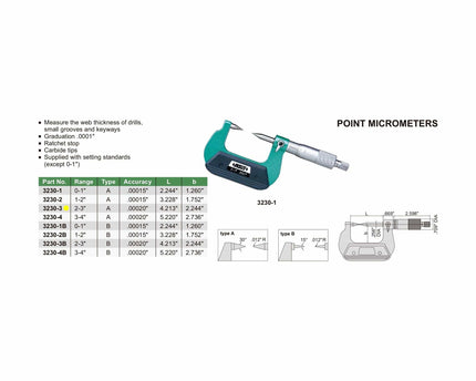INSIZE Measuring Equipment Insize Point Micrometer 2-3" Range Series 3230-3