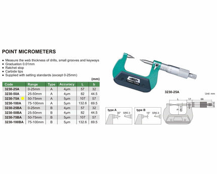 INSIZE Measuring Equipment Insize Point Micrometer 50-75mm Range Series 3230-75A