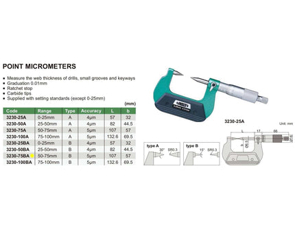 INSIZE Measuring Equipment Insize Point Micrometer 50-75mm Range Series 3230-75BA