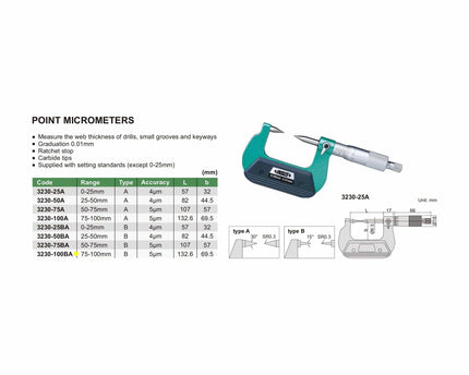 INSIZE Measuring Equipment Insize Point Micrometer 75-100mm Range Series 3230-100BA