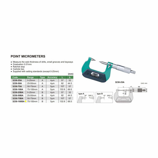 INSIZE Measuring Equipment Insize Point Micrometer 75-100mm Range Series 3230-100BA