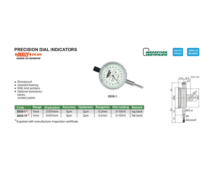 INSIZE Measuring Equipment Insize Precision Dial Indicator 0-1mm x 0.001mm Range Series 2830-1