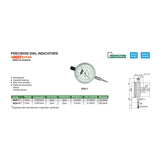 INSIZE Measuring Equipment Insize Precision Dial Indicator 0-1mm x 0.001mm Range Series 2830-1
