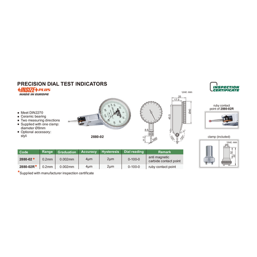 INSIZE Measuring Equipment Insize Precision Dial Indicator 0.2mm Range Series 2880-02