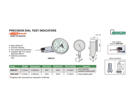 INSIZE Measuring Equipment Insize Precision Dial Indicator 0.2mm Range Series 2880-02R
